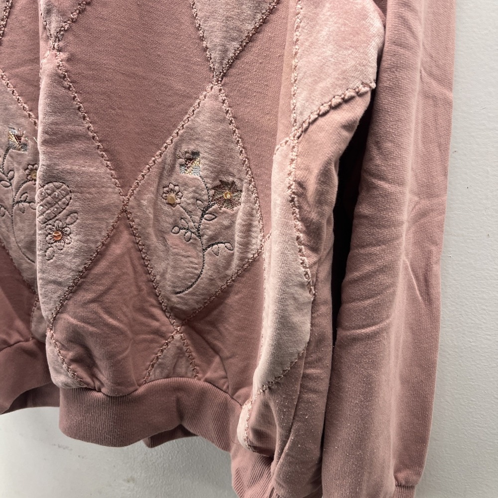 Vintage Women's L Patchwork Heart Valentines Floral Pink Collared Sweatshirt - Picture 5 of 12